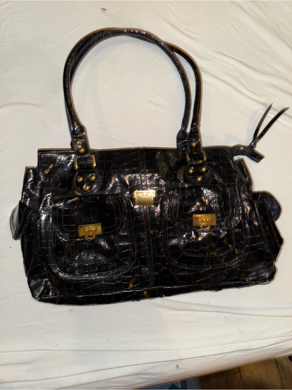 Black Croc-Embossed Patent Shoulder Tote with Gold Accents